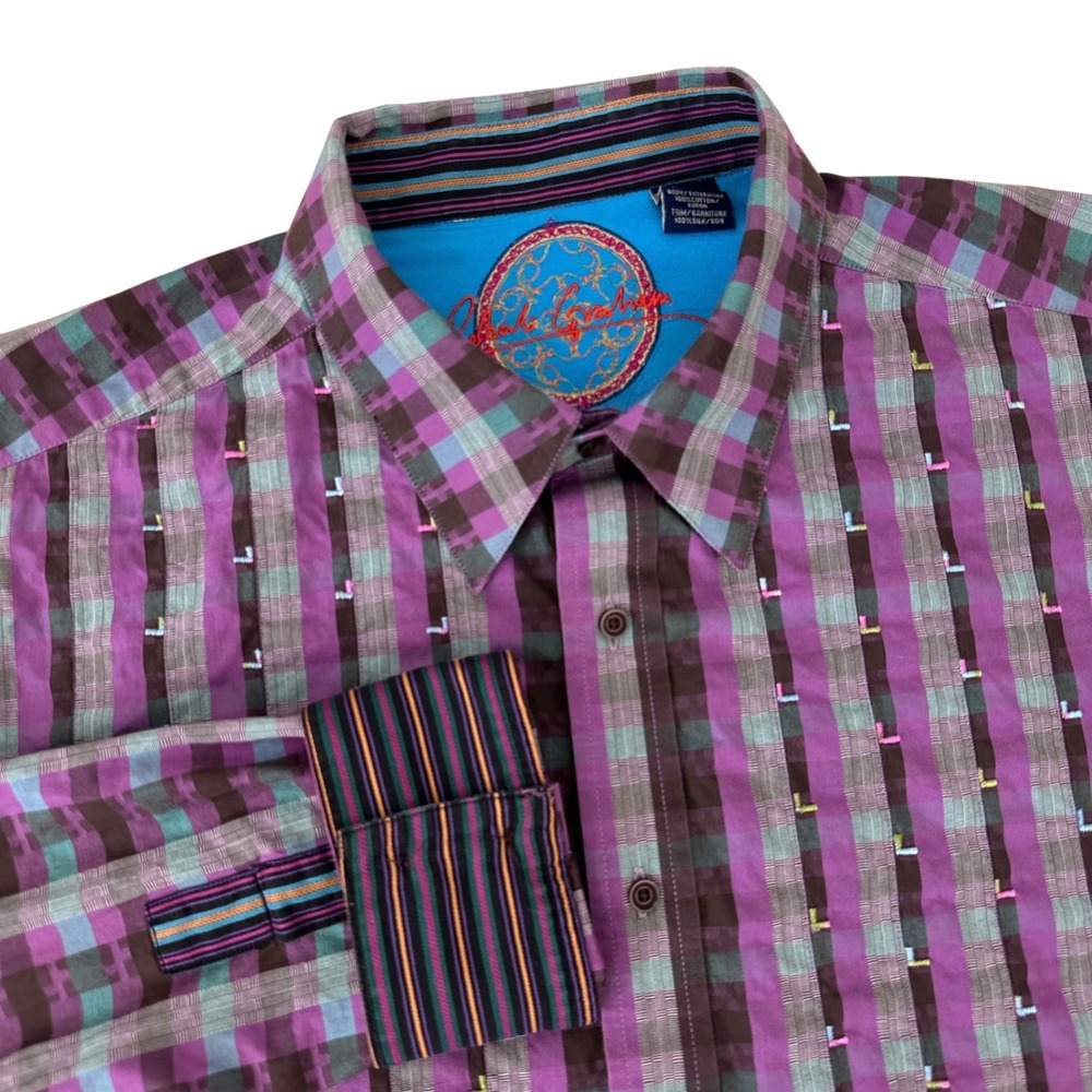 Robert Graham Shirt Mens 2XL Purple Teal Plaid Button Up Stripe Flip Cuff XXL